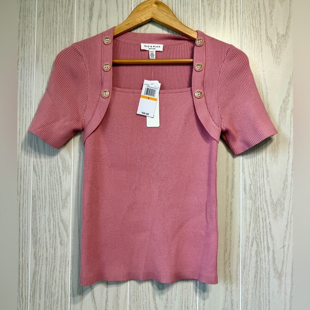 Rio & Rian Rose Elegance Ribbed Knit Button-Shoulder Top Size S